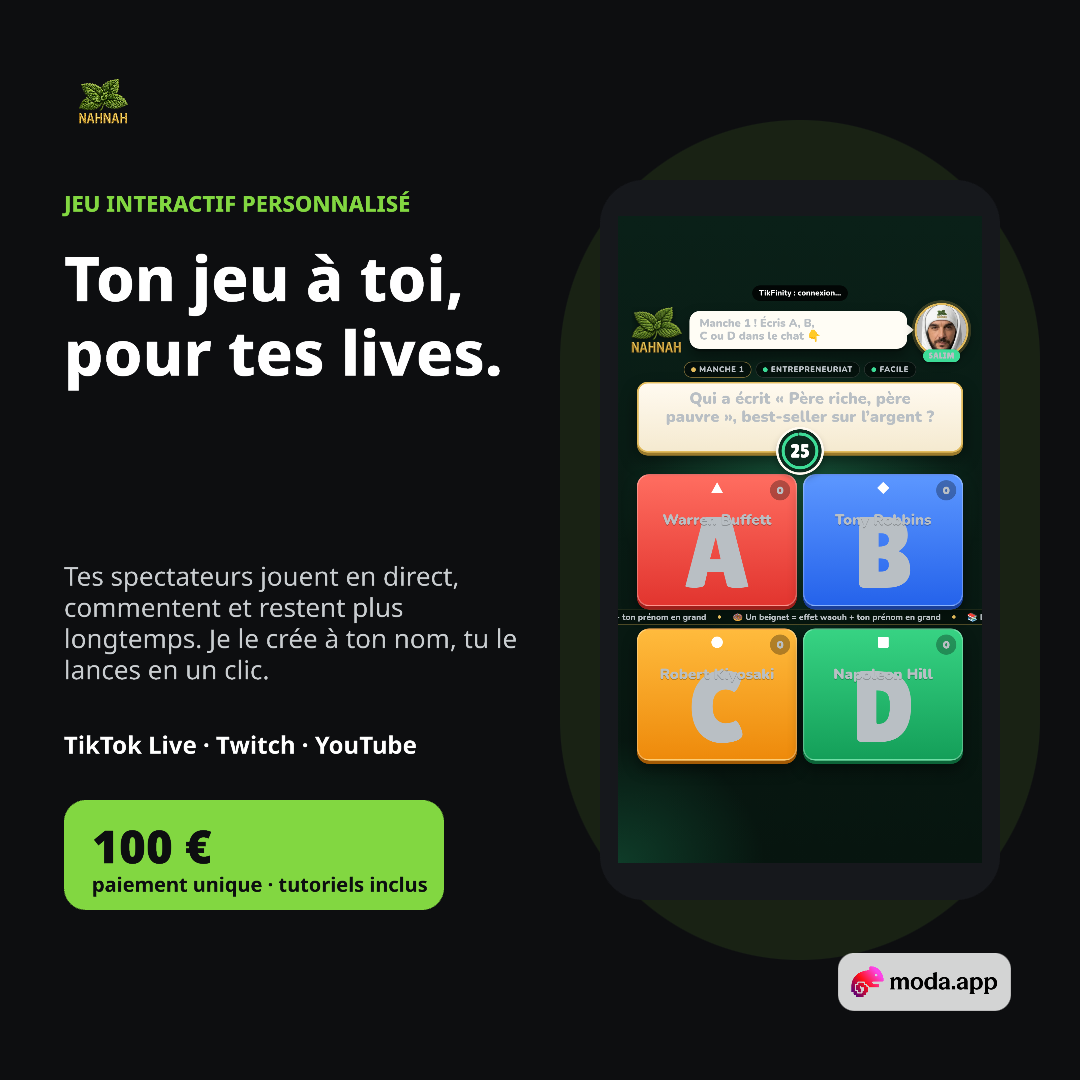 Jeu interactif personnalisé NAHNAH pour TikTok Live, Twitch et YouTube, 100 euros