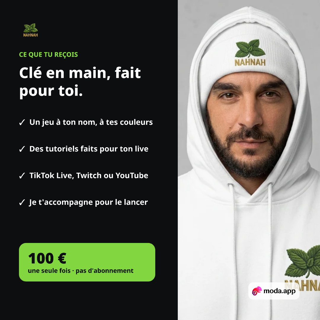 Ce que tu reçois : jeu à ton nom, tutoriels personnalisés, 100 euros paiement unique